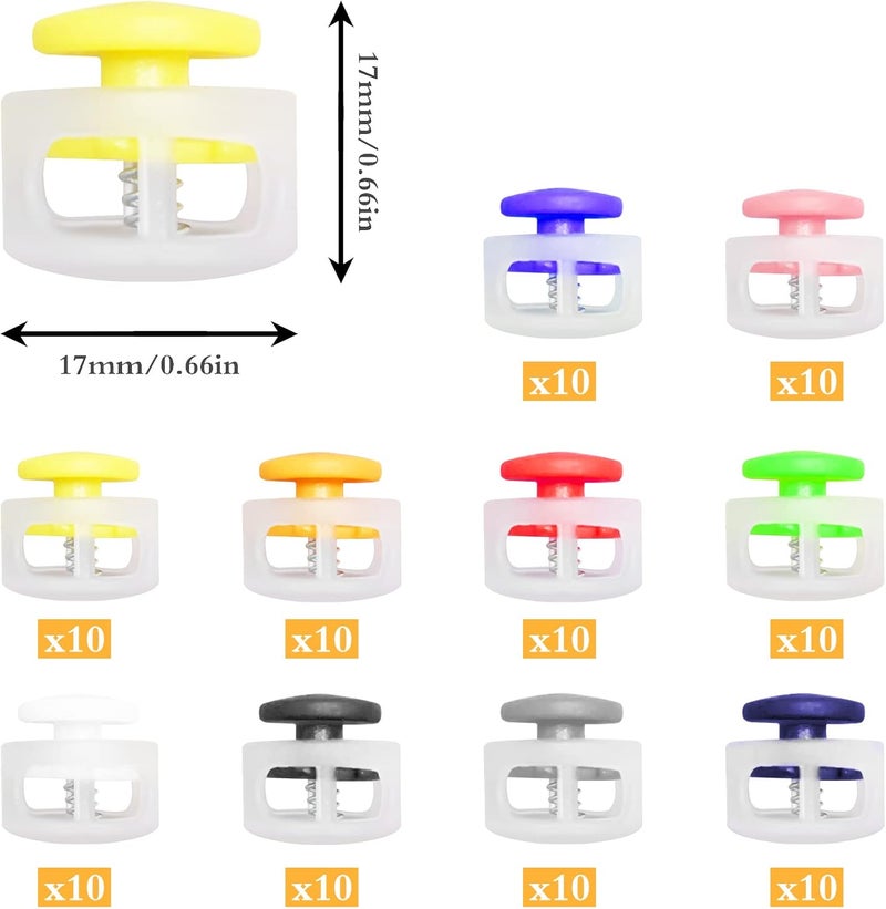 woobles 100pcs Plastic Round Cord Locks,Toggle Hole Spring Stop Fastener,Spring Fastener Cord Lock Hole Round Toggle End for Backpacks,Lanyard,Clothes,Shoes,DIY Handmade(10 Colour) - Image 2