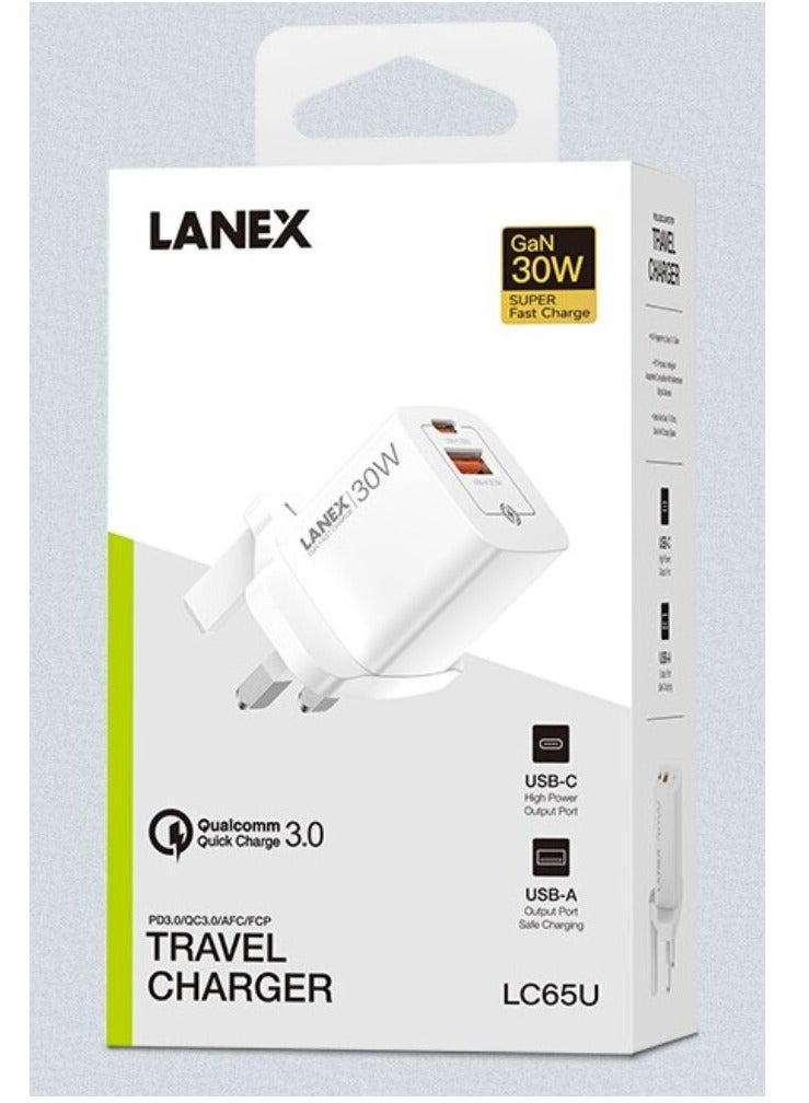 LANEX Lanix LC65U Home Charger Head 2 Ports PD and USB 30W Support GaN - Image 1