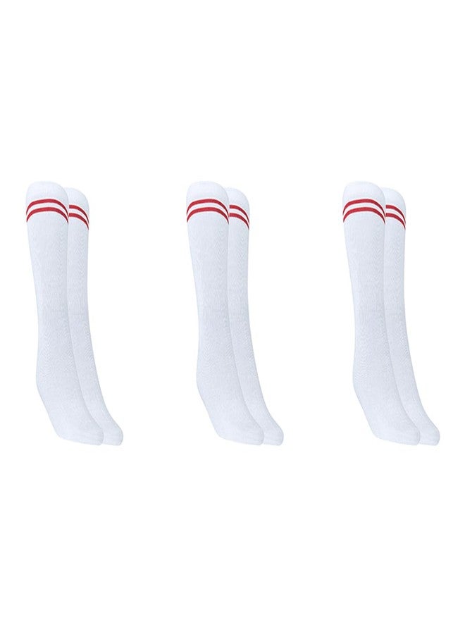 MUKHAKSH (Pack of 3 Pairs = 6 Socks Girls Kids White Socks with Red Stripes Border Lining Calf Length - Image 1