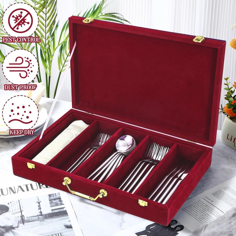 Pickmesh Silverware Case with Lid and Handle Silverware Storage Box Sterling Silver Flatware Chest Without Silver Tarnish Proof Utensils Organizer for Kitchen Elegant Decor Wedding GiftsBurgundy - Image 2