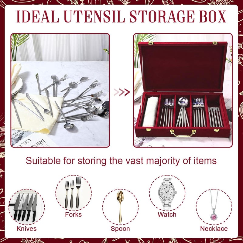 Pickmesh Silverware Case with Lid and Handle Silverware Storage Box Sterling Silver Flatware Chest Without Silver Tarnish Proof Utensils Organizer for Kitchen Elegant Decor Wedding GiftsBurgundy - Image 4