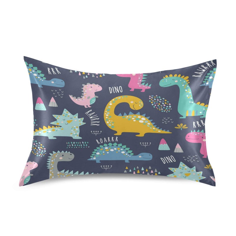 KEEPREAL Cute Funny Kids Dinosaurs Satin Pillowcase for Hair and Skin Silk Pillowcase  Satin Pillow Covers with Envelope Closure Standard Size20x26 inches