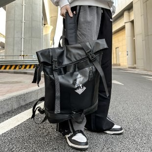 Korean style street fashion backpack new roll-up fashion personalized backpack mens large capacity waterproof College student schoolbag Black 