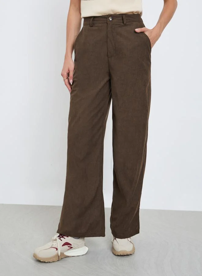 Styli Women Brown Solid Corduroy Wide Leg Pants