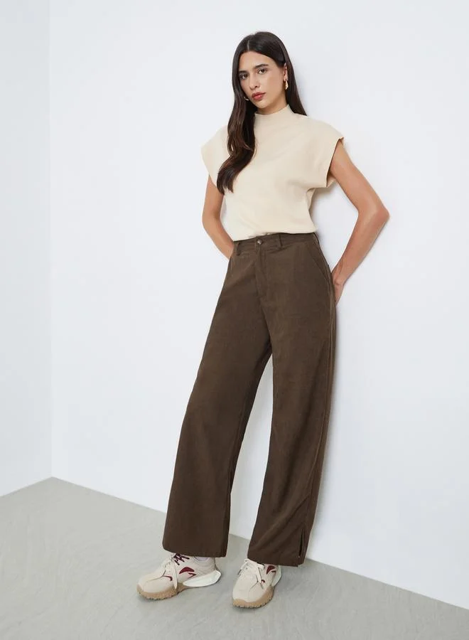 Styli Women Brown Solid Corduroy Wide Leg Pants