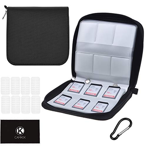 CamKix Memory Card Case - Fits up to 88x SD, SDHC, Micro SD, Mini SD and 4X CF - Holder with 88 Slots (8 Pages) - for Storage and Travel - Microfiber Cleaning Cloth, Carabiner and Labels Included - Image 1