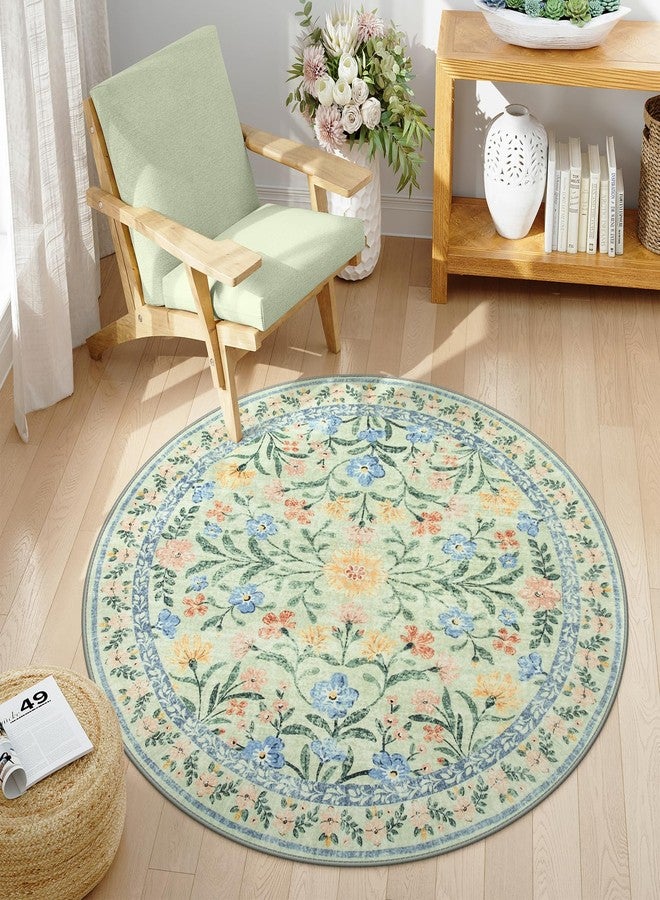 Wonnitar Washable Round Area Rug, 5ft Green Floral Round Rug Boho Soft Circle Carpet, Non Slip Low Pile Circle Accent Carpets for Kitchen Living Room Entryway Bedroom - Image 2