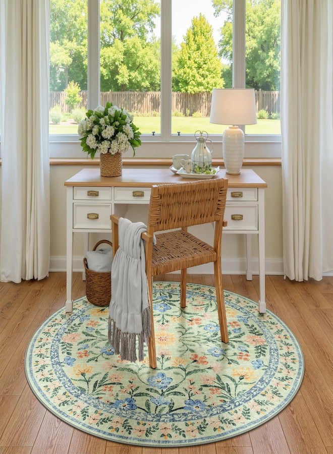 Wonnitar Washable Round Area Rug, 5ft Green Floral Round Rug Boho Soft Circle Carpet, Non Slip Low Pile Circle Accent Carpets for Kitchen Living Room Entryway Bedroom - Image 3