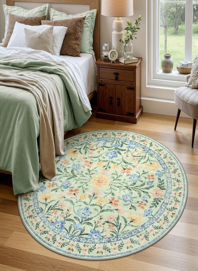 Wonnitar Washable Round Area Rug, 5ft Green Floral Round Rug Boho Soft Circle Carpet, Non Slip Low Pile Circle Accent Carpets for Kitchen Living Room Entryway Bedroom - Image 1