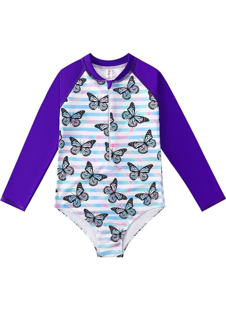 Loquat Long Sleeve One Piece Beach Swimsuit Pruple/White  - Image 1