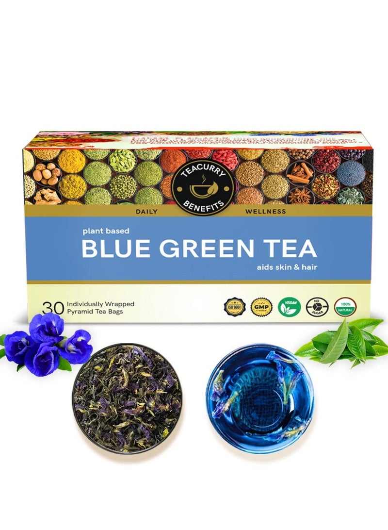 TEACURRY Blue Green Tea(30 Tea Bags) Helps With Weight Loss, Skin Glow, Hair Care, Brain Health Blue Pea Green Tea Blue Butterfly Green Tea For Weight Loss,60 Grams - Image 1