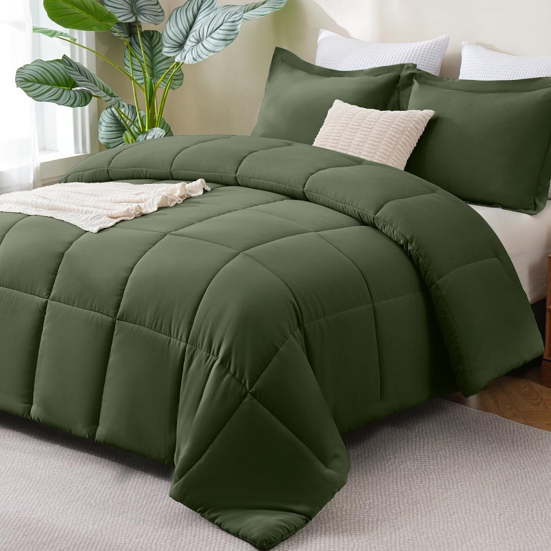 CozyLux Queen Size Comforter Set Olive Green Comforter Queen Size 3 Pieces Box Stitched Bed Set for All Seasons Soft Lightweight Bedding Sets with 1 Down Alternative Comforter and 2 Pillow Shams