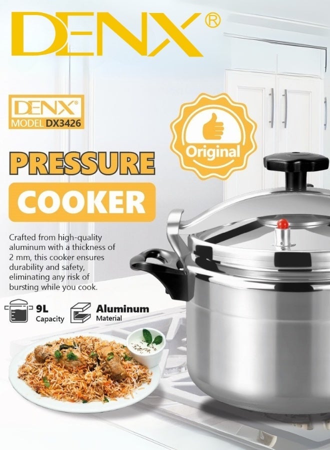 Denx DX3426 Original Premium 9L Aluminum Pressure Cooker with Wide Diameter, Crafted from 2mm Thick High-Quality Aluminum for Superior Durability and Complete Safety, Modern Design with Secure Locking Lid and Smart Pressure Valve, Strong Single Bottom for Even Heat Distribution, Perfect Choice for Medium-Sized Families to Prepare Delicious and Healthy Meals Quickly and Efficiently - Image 1