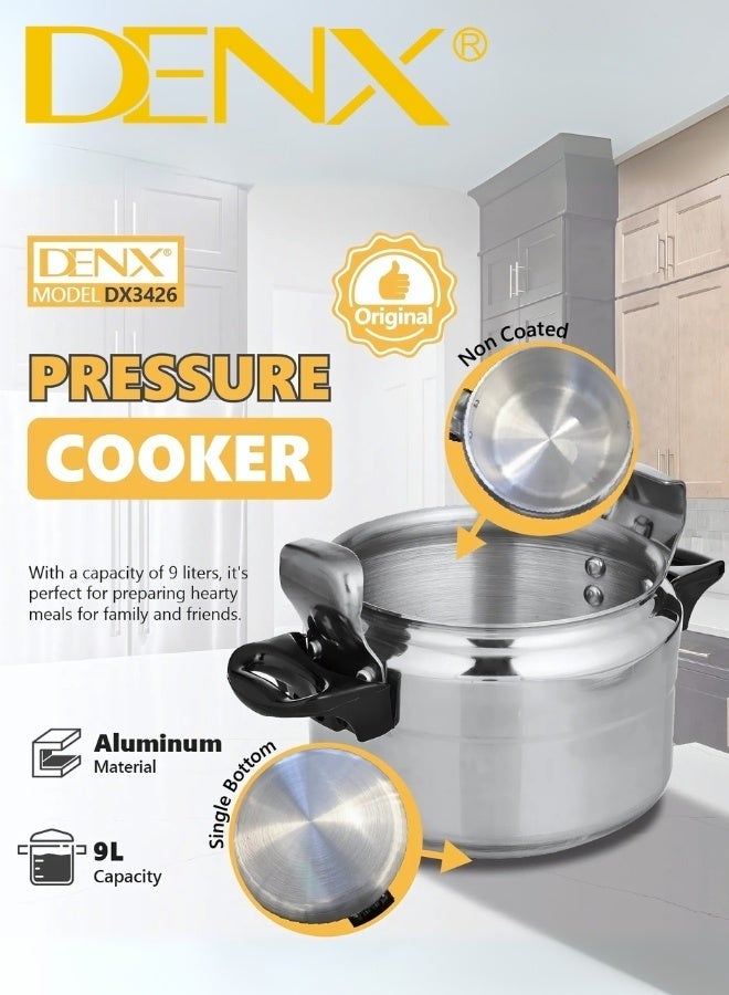 Denx DX3426 Original Premium 9L Aluminum Pressure Cooker with Wide Diameter, Crafted from 2mm Thick High-Quality Aluminum for Superior Durability and Complete Safety, Modern Design with Secure Locking Lid and Smart Pressure Valve, Strong Single Bottom for Even Heat Distribution, Perfect Choice for Medium-Sized Families to Prepare Delicious and Healthy Meals Quickly and Efficiently - Image 4