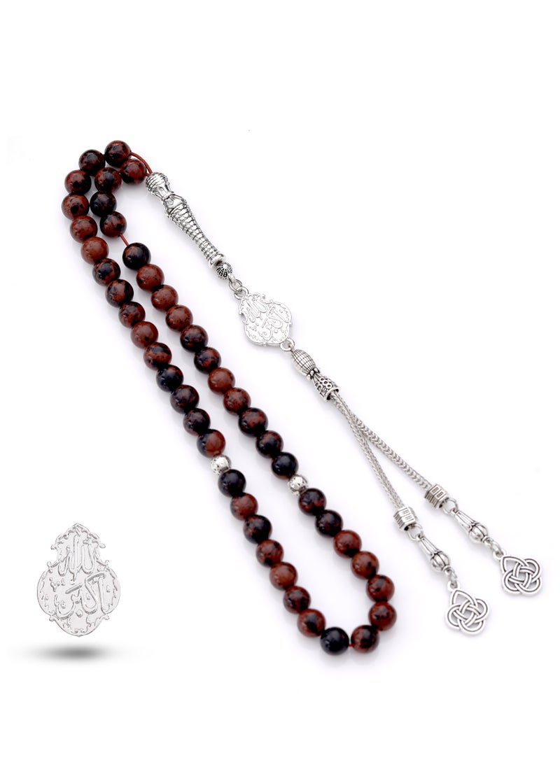 Subhati Prayer Beads (Misbah) with metal Parts and Mahogany Obsidian Stone | 8 MM Beads - 45 Pcs | Gandeel writing 2  - Image 2