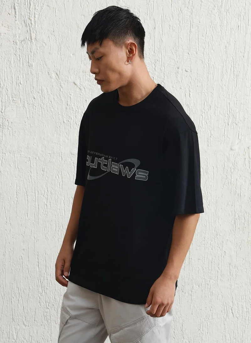 Hubberholme Men's Black 100% Cotton Printed Relaxed T-Shirt