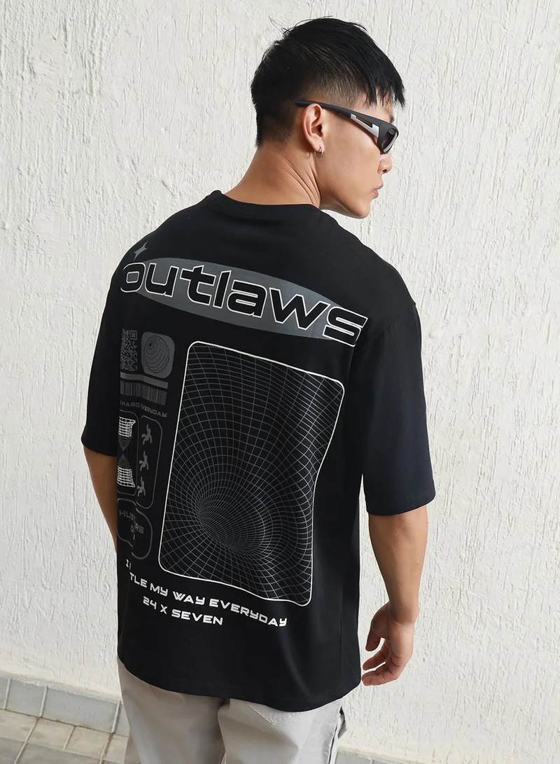Hubberholme Men's Black 100% Cotton Printed Relaxed T-Shirt