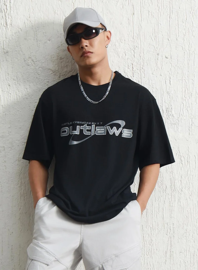 هوبرهولمي Men's Black 100% Cotton Printed Relaxed T-Shirt