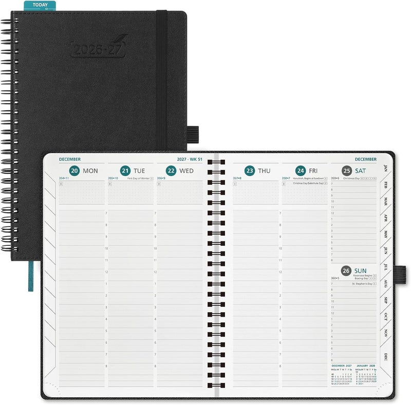 BEZEND Planner 2026-2027 Weekly and Monthly (8.5" x 11" Spiral) Academic Year Daily Calendar with Tabs (Jul 26-Dec 27) Hourly Timeslots, Thick Paper, Storage Pocket, Leather Softcover - Black - Image 1
