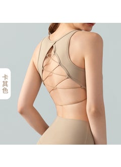 Cross-Back Yoga Tank Top with Built-In Bra Khaki