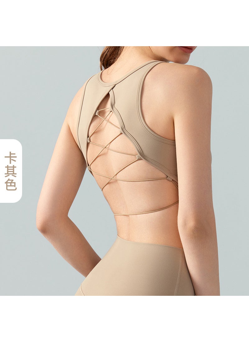 Generic - Cross-Back Yoga Tank Top with Built-In Bra Khaki - Image 1