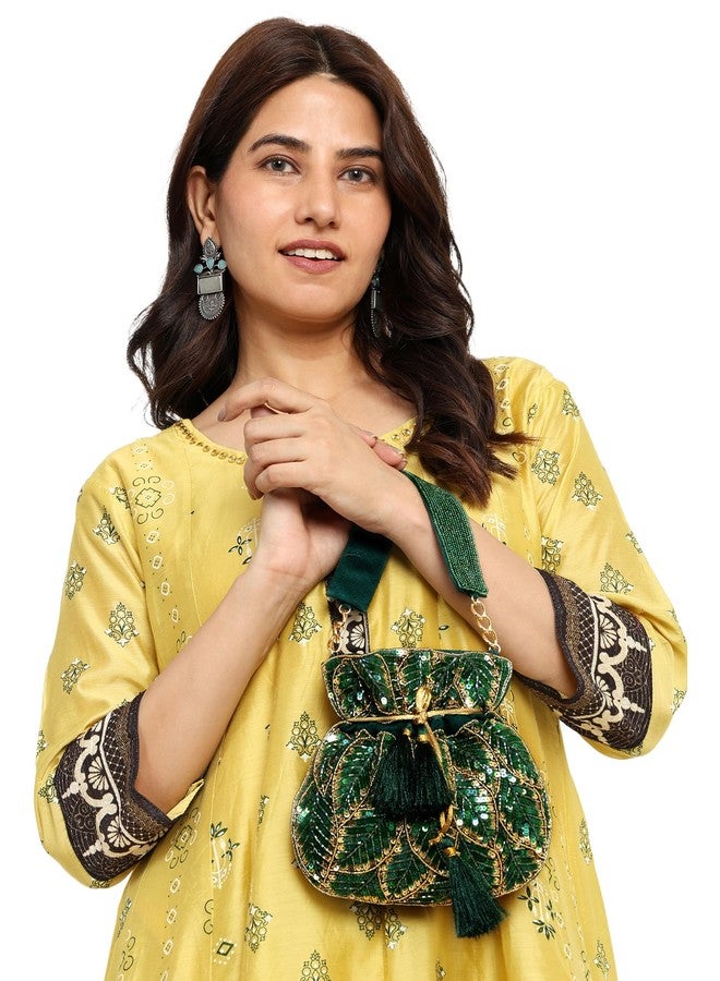 MARKQUES Handcrafted Embellished Green Potli Bag For Women and Girls | Ethnic Wear Purse | Embroidered Handbag - Image 2