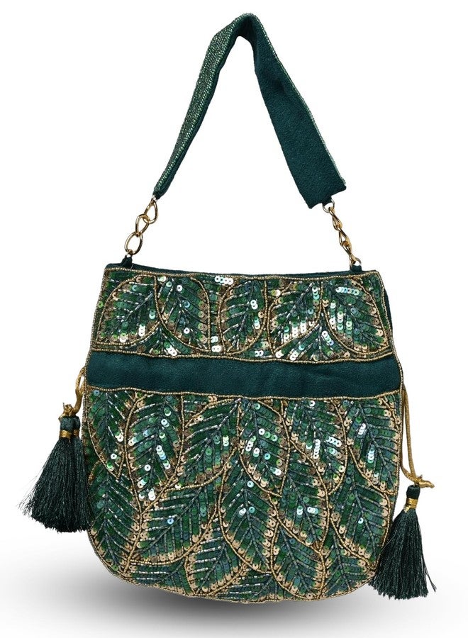 MARKQUES Handcrafted Embellished Green Potli Bag For Women and Girls | Ethnic Wear Purse | Embroidered Handbag - Image 1