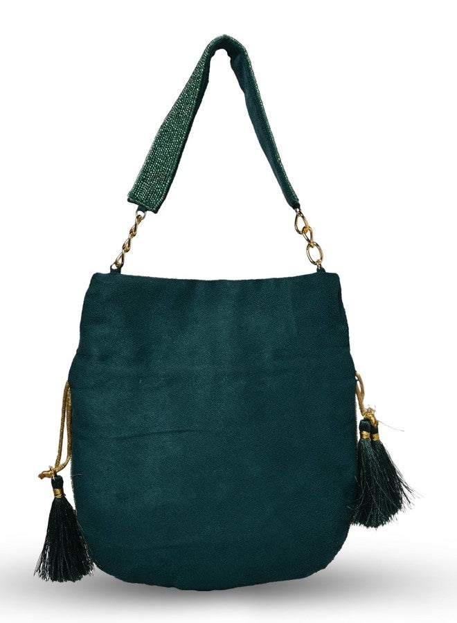 MARKQUES Handcrafted Embellished Green Potli Bag For Women and Girls | Ethnic Wear Purse | Embroidered Handbag - Image 5