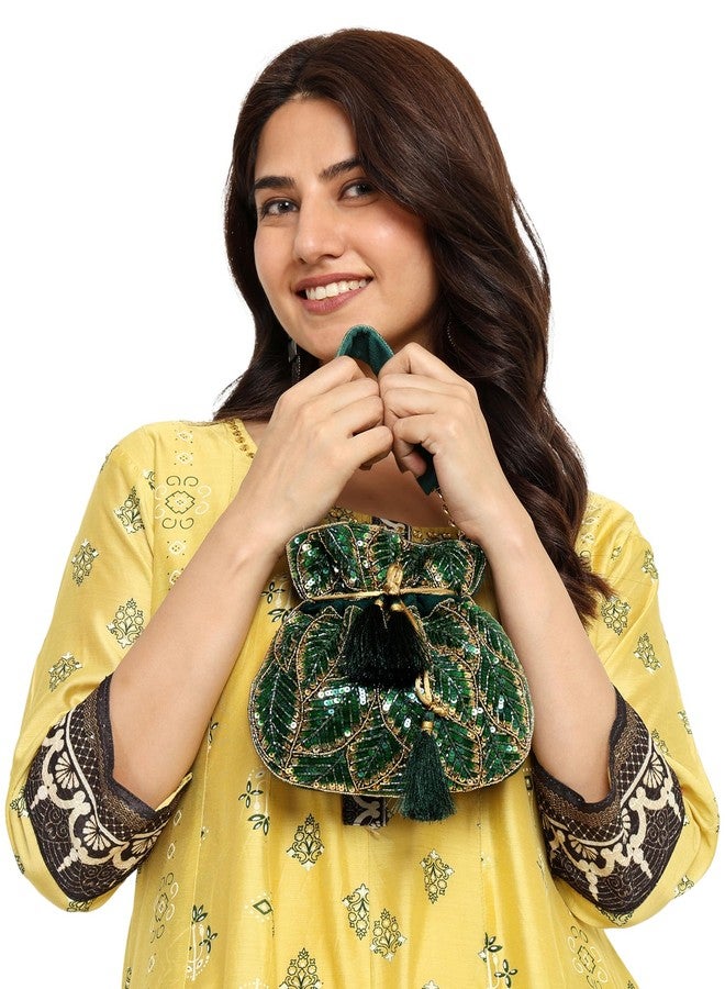 MARKQUES Handcrafted Embellished Green Potli Bag For Women and Girls | Ethnic Wear Purse | Embroidered Handbag - Image 3