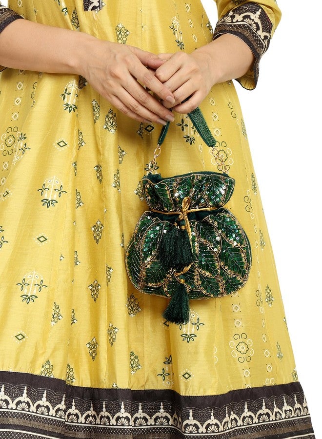 MARKQUES Handcrafted Embellished Green Potli Bag For Women and Girls | Ethnic Wear Purse | Embroidered Handbag - Image 4