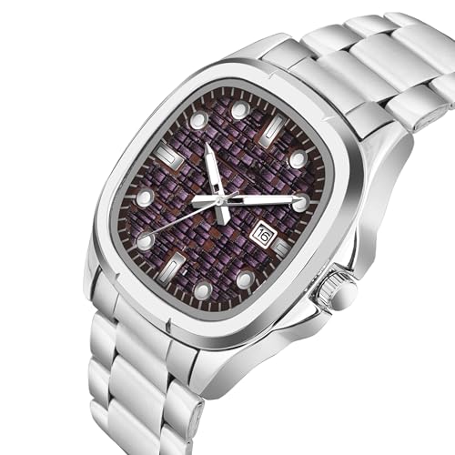 Acnos Day & Date Analog Watch for Men & Boys Soft Stainless Steel Strap Square Purple Dial - Image 2