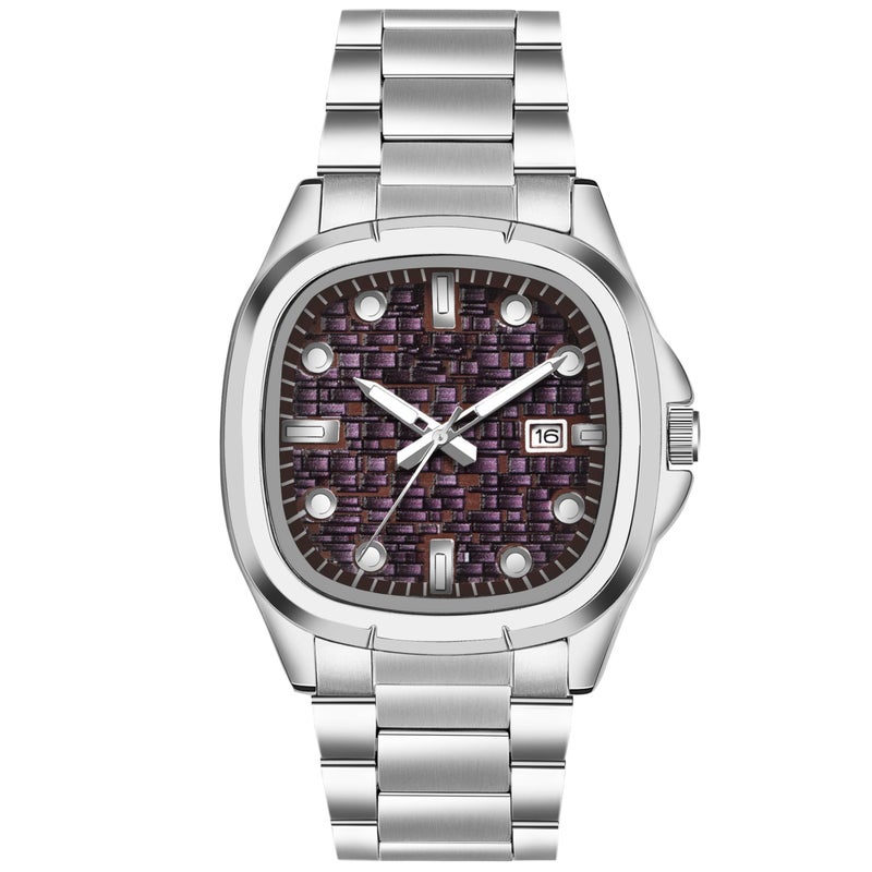 Acnos Day & Date Analog Watch for Men & Boys Soft Stainless Steel Strap Square Purple Dial - Image 5