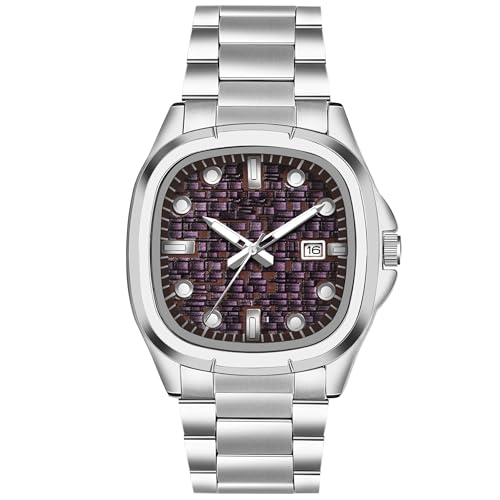 Acnos Day & Date Analog Watch for Men & Boys Soft Stainless Steel Strap Square Purple Dial - Image 1