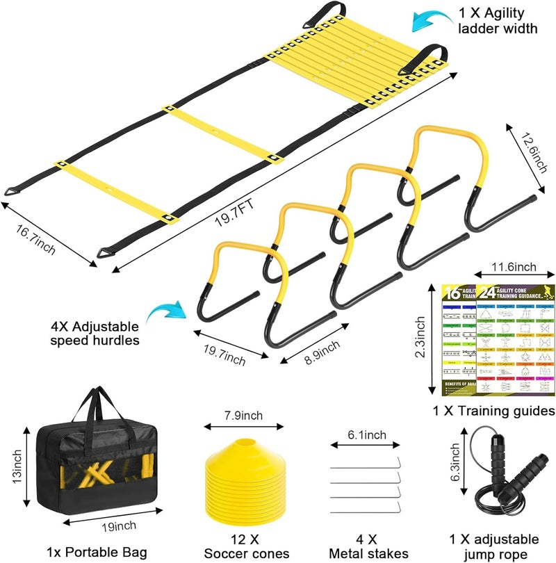 BORNEW Agility Speed Training Equipment Set with 20ft Ladder, 12 Cones, 4 Hurdles, and Jump Rope - Image 2