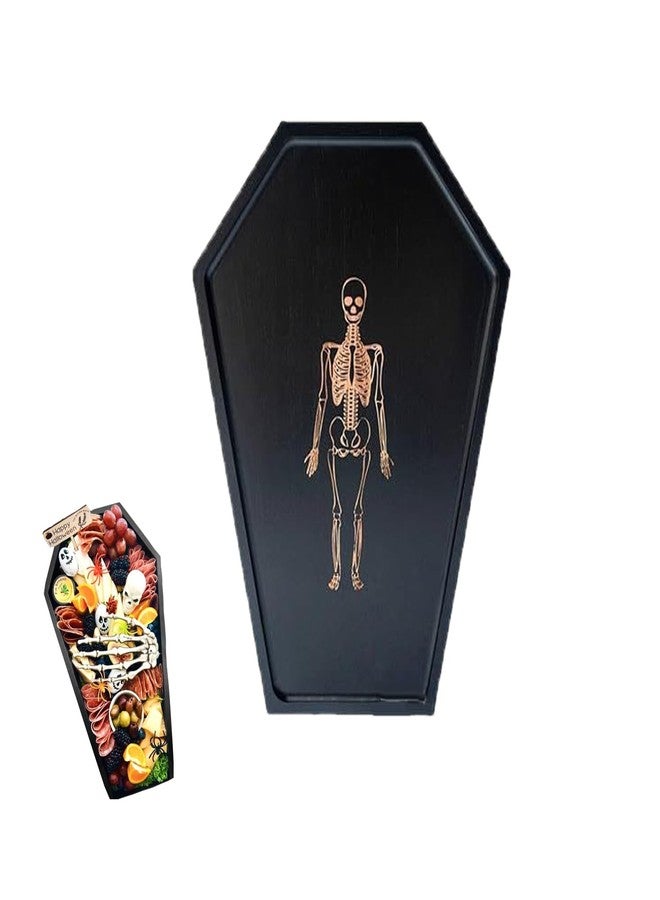 SADYFON Halloween Wood Coffin Charcuterie Board, Gothic Coffin Platter with Engraved Skeleton Design, Goth Home Decor Serving Tray for Cheese Candy Snacks - Image 1