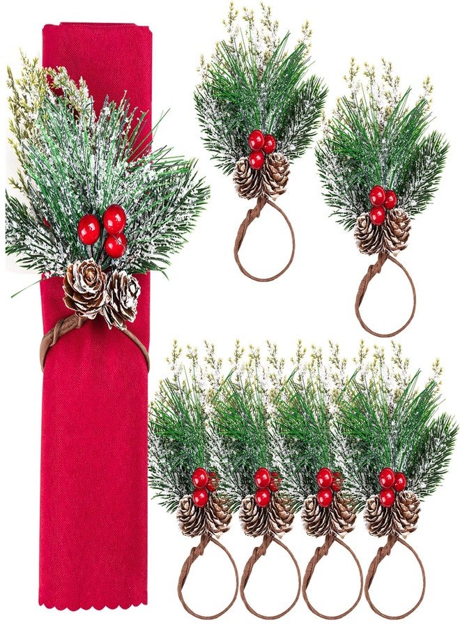 THSLSFX 6Pcs Christmas Napkin Rings, Pinecones Napkin Ring with Snowy Pine Branche Red Berry Decor, Berry NapkinRings for Christmas Dinning Table Decor, Holiday Party Home Decoration - Image 1