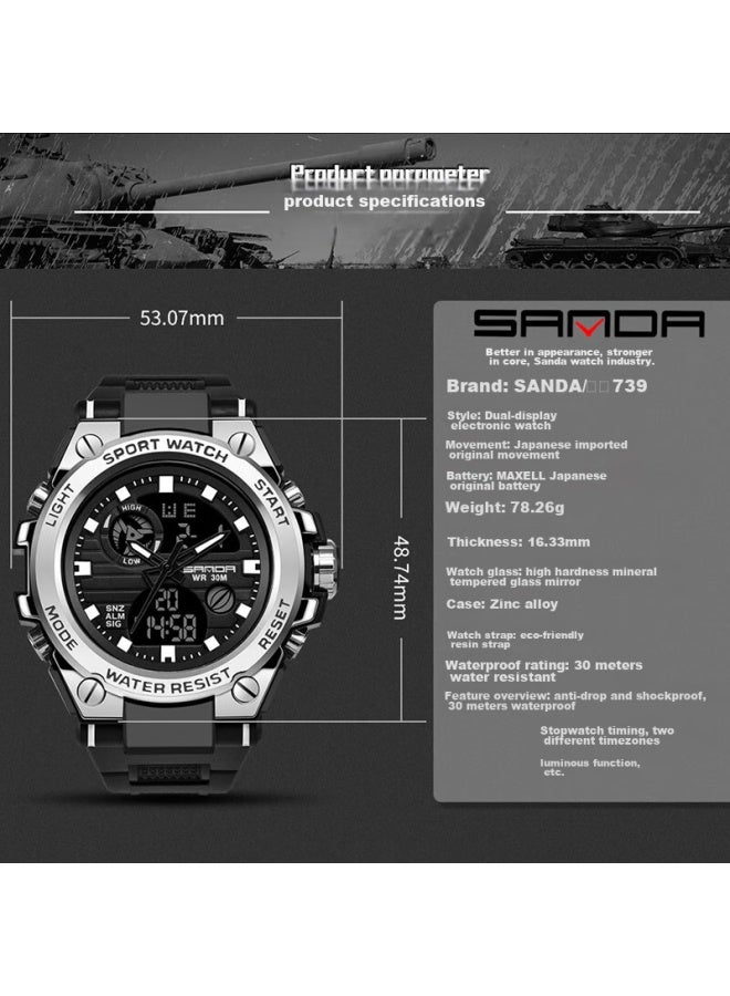 Sanda Men's Watch, Sports Watch For Students, Teenagers, Middle And High School Students, Alarm Clock, Electronic Watch, Back-to Gift, 739 Black And Silver - Image 3