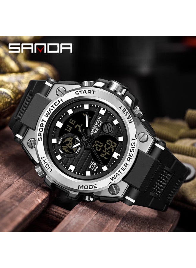 Sanda Men's Watch, Sports Watch For Students, Teenagers, Middle And High School Students, Alarm Clock, Electronic Watch, Back-to Gift, 739 Black And Silver - Image 2