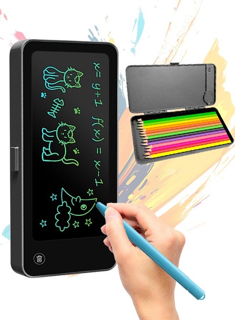 لوح كتابة LCD 2 في 1 قابل لإعادة الاستخدام مع قلم احترافي، لوح كتابة LCD مع حافظة أقلام، لوحة كتابة مقاومة للماء، مثالية للتعلم في مرحلة ما قبل المدرسة واللعب الإبداعي، أسود
