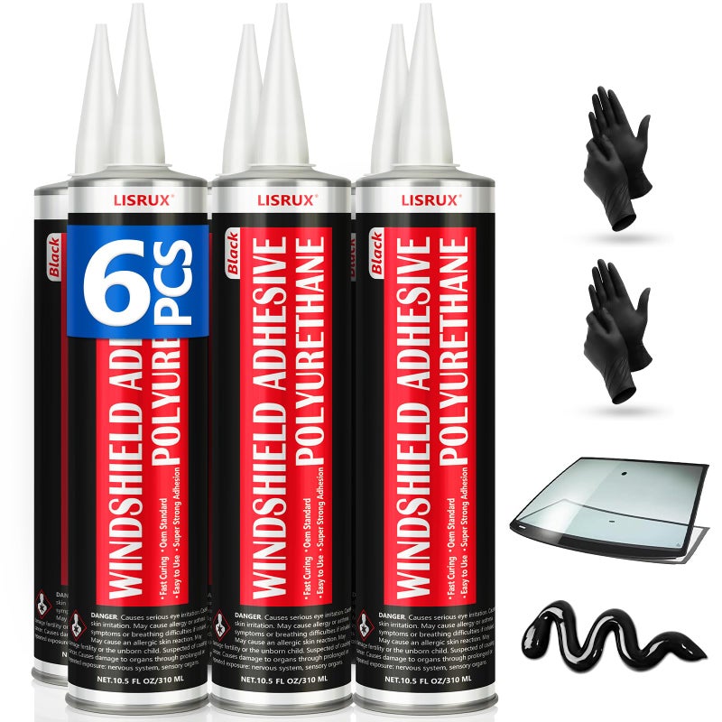 LISRUX [6 Pack] Polyurethane Windshield Adhesive, Windshield Sealant Black - High Bond Strength, Quick Curing & Weather Resistant Automotive Glass Glue for Vertical & Overhead Application, 310ml - Image 1