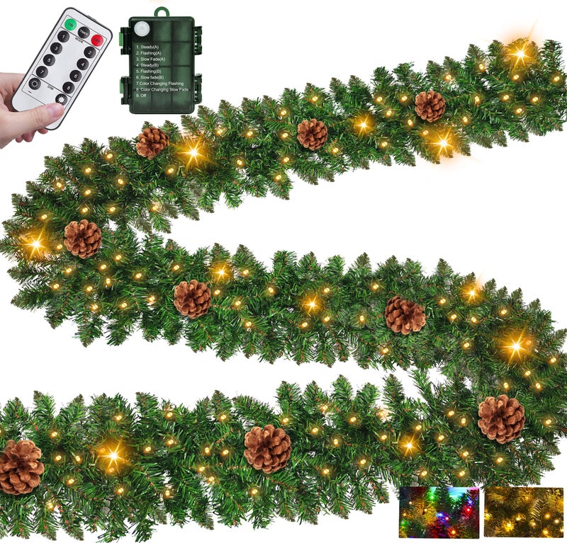 Camlinbo Remote ControlTimer Super Thick 9 Ft Prelit Artificial Christmas Garland with 50 Warm White  Colorful Change Lights Cedar Garland 270 Realistic Classic 10 Pinecone for Mantle Stair Railing Outdoor 
