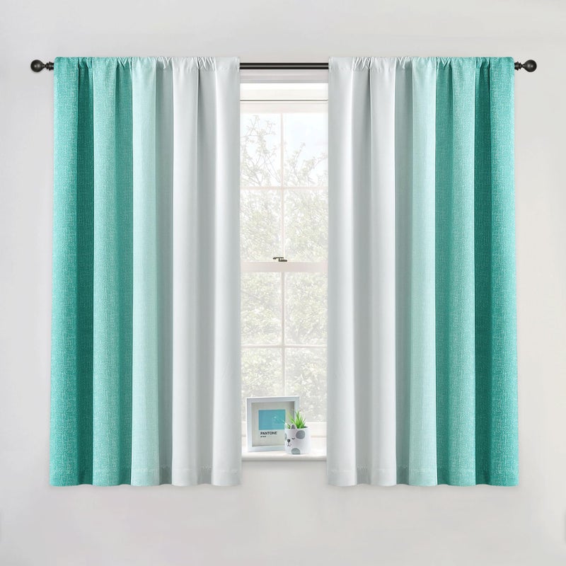 Geomoroccan Ombre 100% Blackout Curtains 54 Inch Length 2 Panels For Bedroom Living Room Teal White Gradient Patterned Room Darkening Privacy Thermal Insulated Rod Pocket Window Treatment Drapes - Image 1
