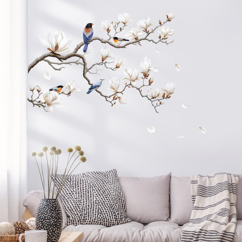 SHUCHING White Magnolia Tree Wall Decals Peel and Stick, Trees Flowers Wall Decor Stickers, White Branches Corner Wall Art(Left) - Image 4