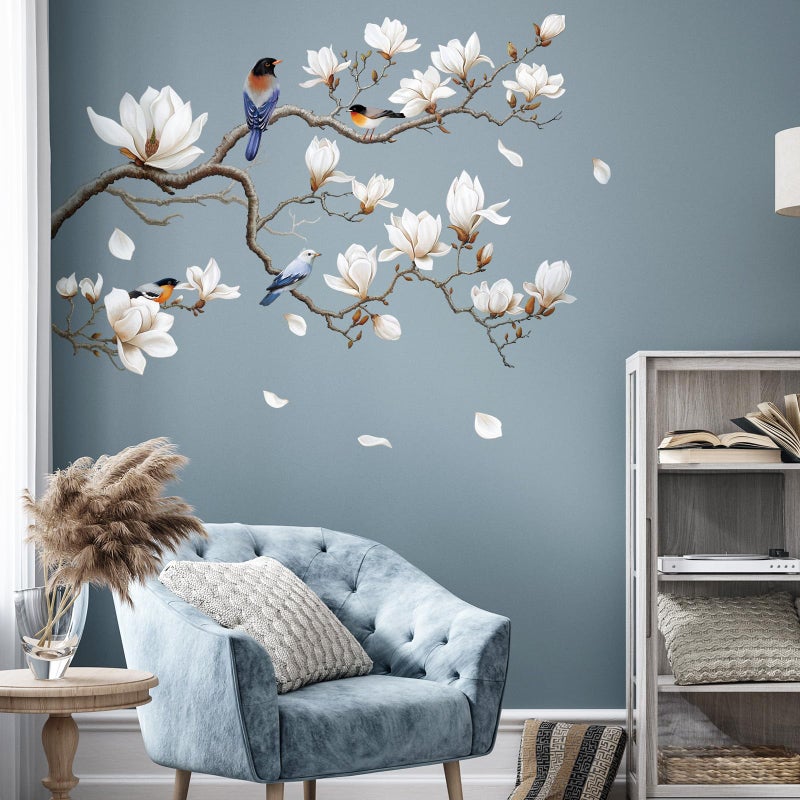 SHUCHING White Magnolia Tree Wall Decals Peel and Stick, Trees Flowers Wall Decor Stickers, White Branches Corner Wall Art(Left) - Image 1