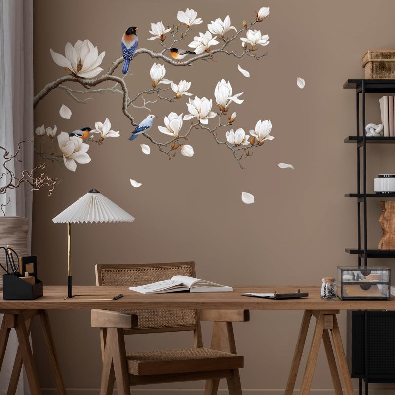 SHUCHING White Magnolia Tree Wall Decals Peel and Stick, Trees Flowers Wall Decor Stickers, White Branches Corner Wall Art(Left) - Image 2