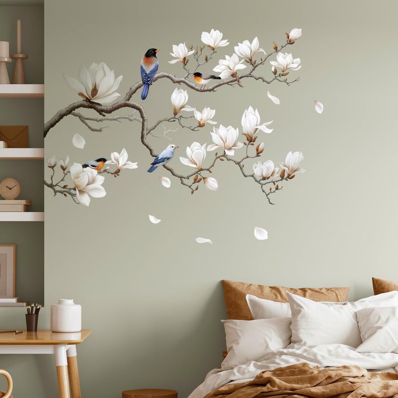 SHUCHING White Magnolia Tree Wall Decals Peel and Stick, Trees Flowers Wall Decor Stickers, White Branches Corner Wall Art(Left) - Image 3
