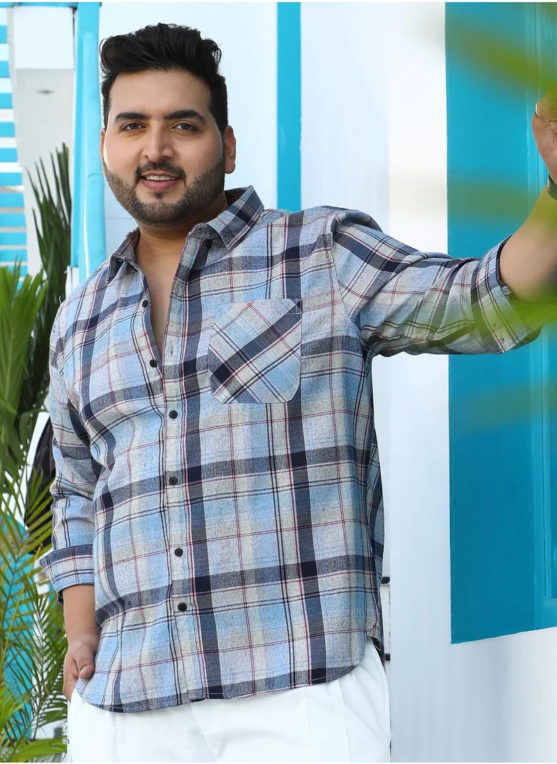 انستافاب بلس Instafab Plus Men's Baby Blue Tartan-Utility Shirt For Casual Wear | Spread Collar | Long Cuffed Sleeves | Button Closure | Plus Size Shirt Crafted With Comfort Fit For Everyday Wear