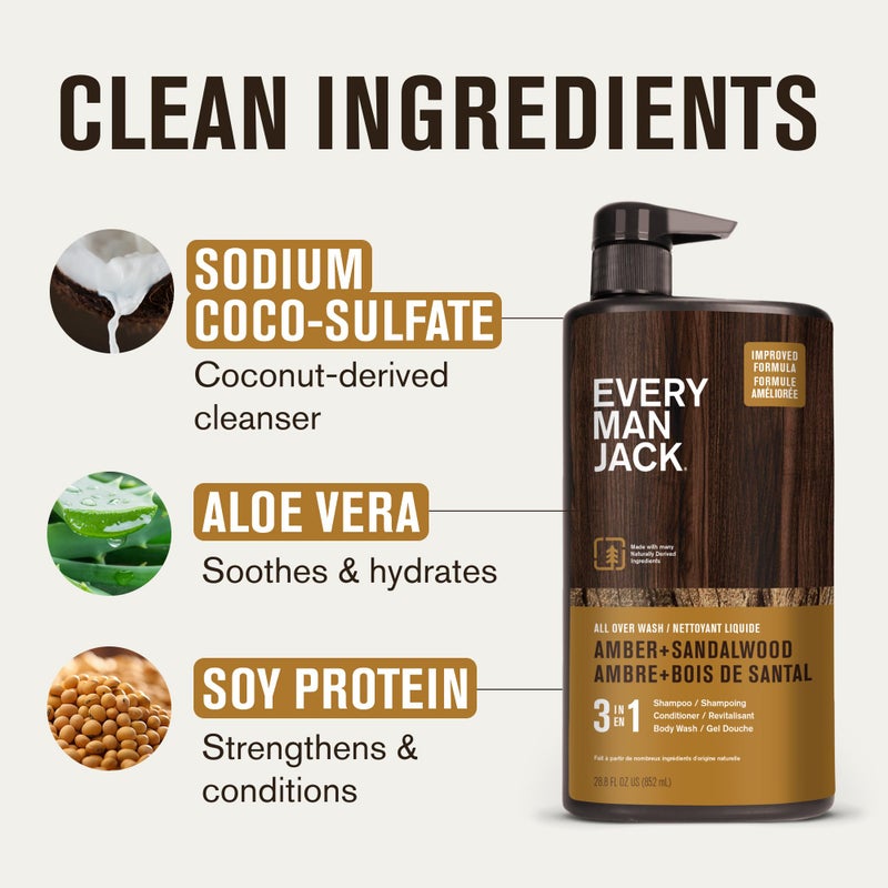 Every Man Jack Amber + Sandalwood Hydrating Mens 3-in-1 All Over Wash for All Skin and Hair Types - Body Wash, Shampoo and Conditioner with Naturally Derived Ingredients - 28.8oz (2 Pack) - Image 5