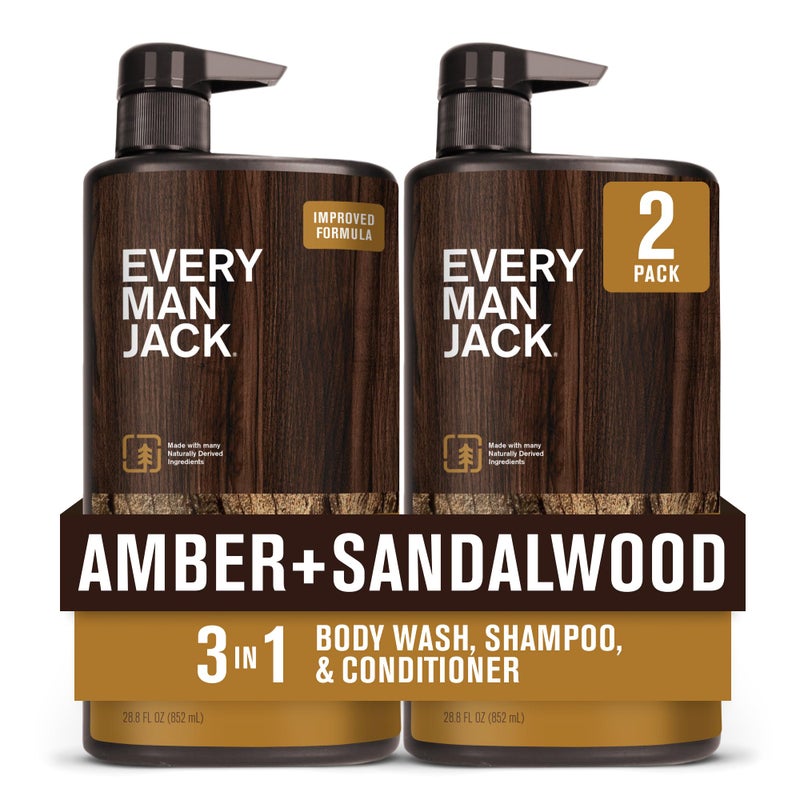 Every Man Jack Amber + Sandalwood Hydrating Mens 3-in-1 All Over Wash for All Skin and Hair Types - Body Wash, Shampoo and Conditioner with Naturally Derived Ingredients - 28.8oz (2 Pack) - Image 1
