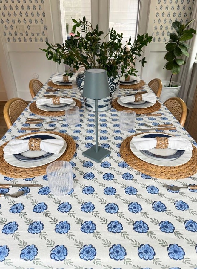 NIRVELLA Rectangle Table Cloth - Cotton Linen Block Print Tablecloth - 60x108 Inch 8 Seater - Fall Decor Indoor Outdoor Picnic Party Thanksgiving Christmas - Blue Dutch Delft Blossoms (Blue Green) - Image 2